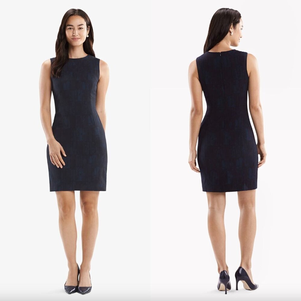 MM Lafleur Black Blue Jacquard Brush Textured The Shirley Sheath Mini Dress